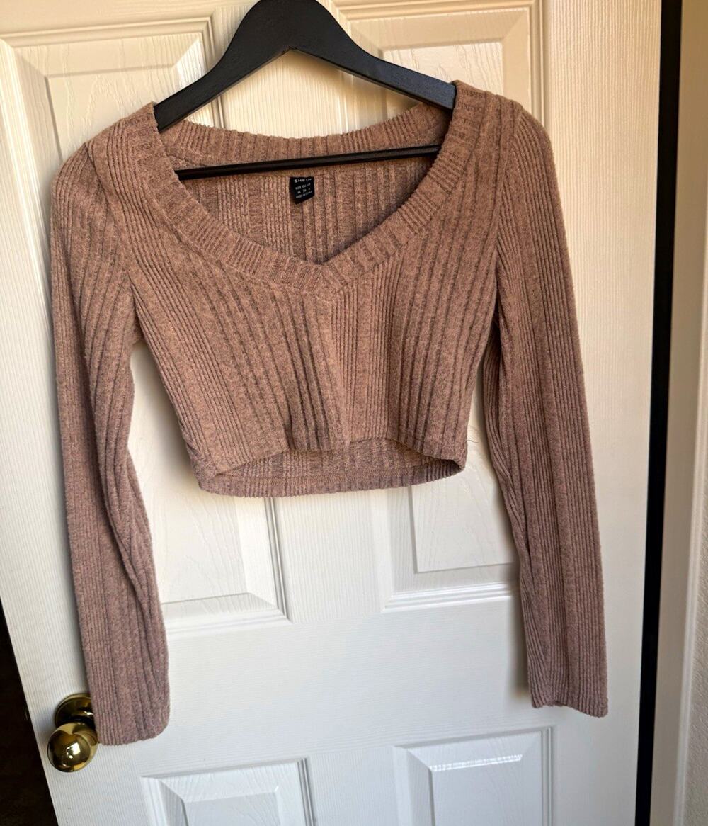 SHEIN Rib-Knit V-Neck Long Sleeve Pullover Sweater Beige Stretch Womens M